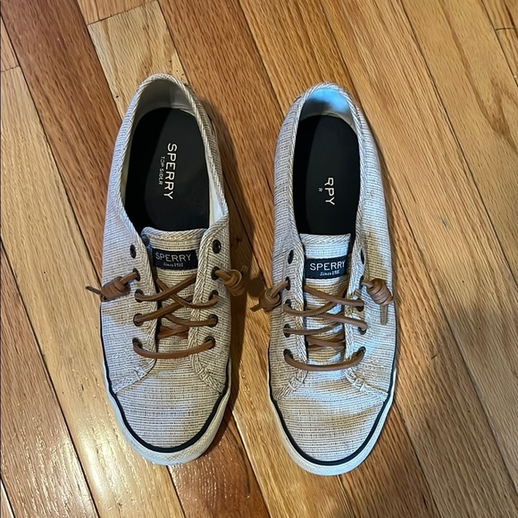 Sperry Shoes - Sperry Textured Beige Sneakers with Brown Accents